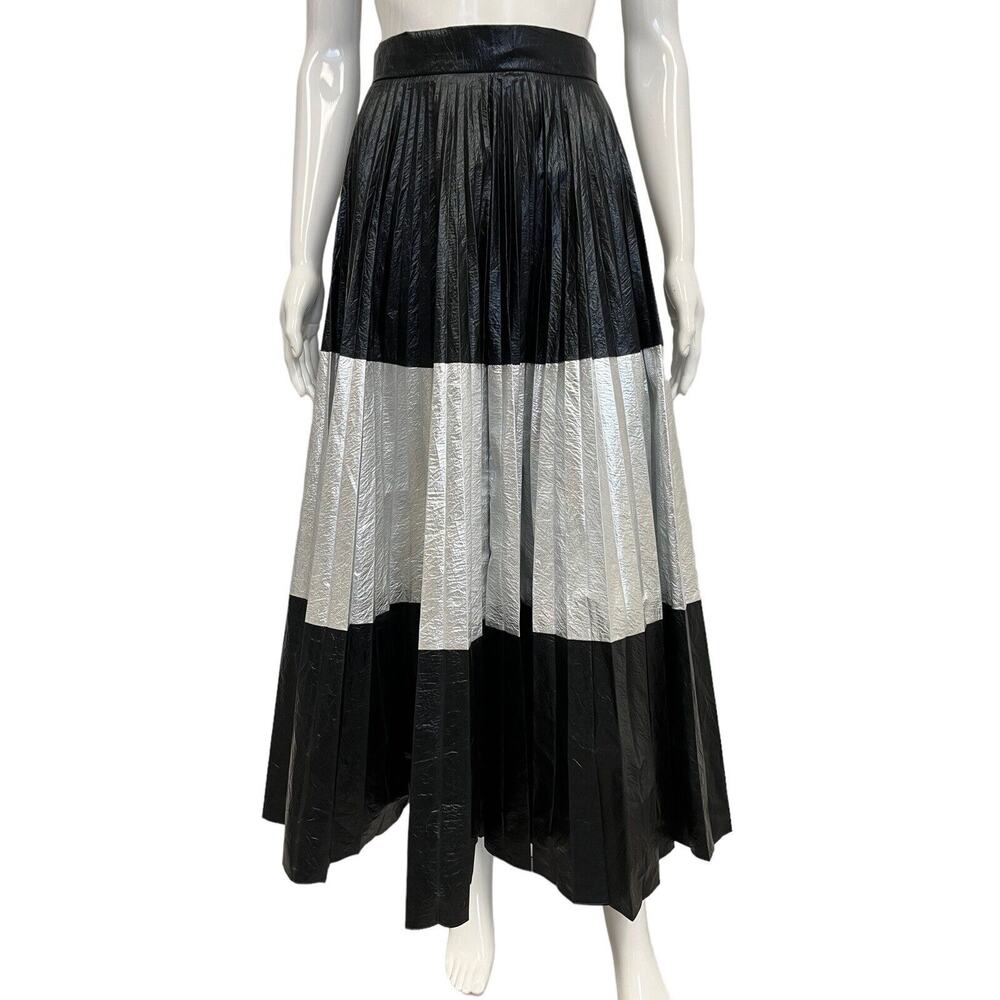 CHRISTOPHER KANE Black Silver Pleated Crinkled Metallic Midi Skirt IT 40 US 4